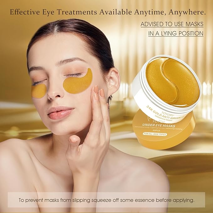 Hydrogel Eye Patches for Dark Circles, Puffy Eyes & Wrinkles - Collagen & Hyaluronic Acid Infused Under Eye Masks, Hydrating Firming Care, Fine Lines,Eye Bags Reduction (60 Pcs) Gold