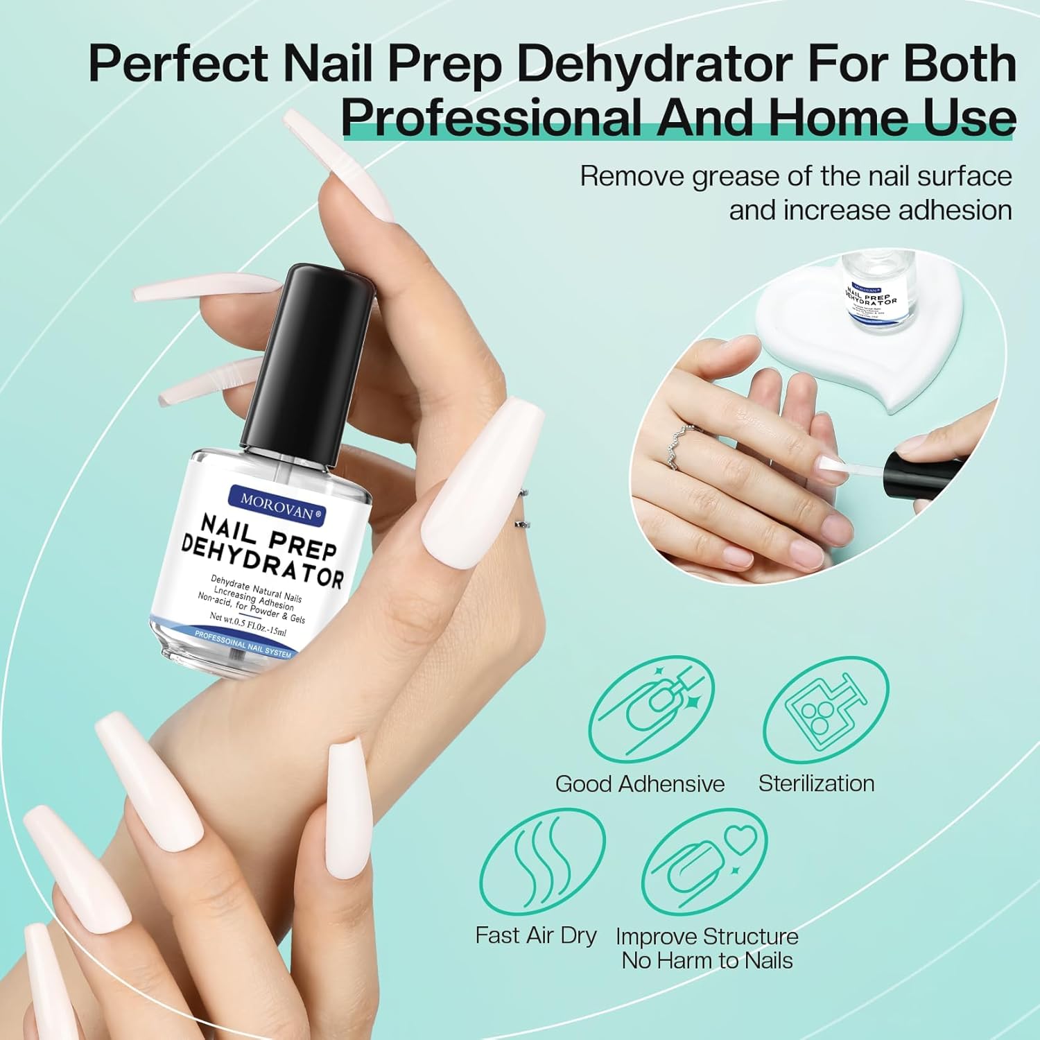 Morovan Acid Free Professional Nail Dehydrator Prep for UV Gel Polish Acrylic Nails Fast Dry Natural Nail Primer Base Varnish Manicure Bonder 0.5 oz
