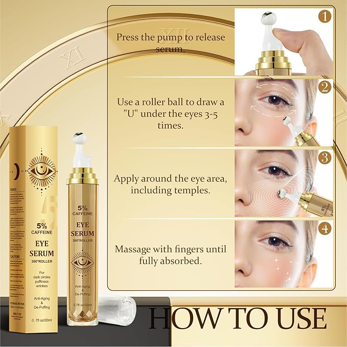 Eye Serum With 5% Caffeine & 5% Retinol For Dark Circles, Puffiness Puffy Bags & Wrinkles Fine Lines,Under Eye Cream Anti Aging Treatment 360° Massage Roller Ball (0.68 Ounce (Pack of 1), Unscented)