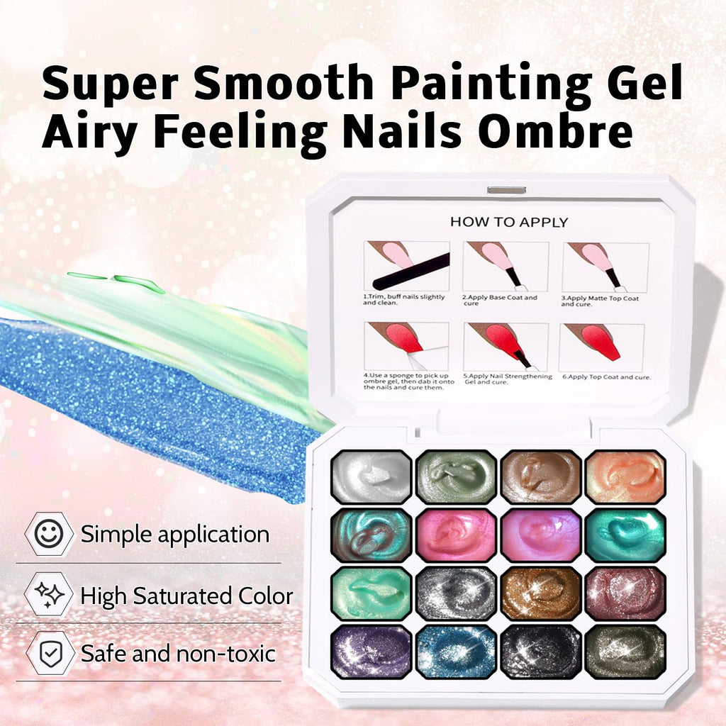 Sponge Pat Paint Nail Gel, Ombre Nails Gradient Gel Nail Blush Blooming Aura Nails Drawing Stripper Floral Painting DIY Nail Art, No Wipe, UV/LED Curing (16 Colors E)