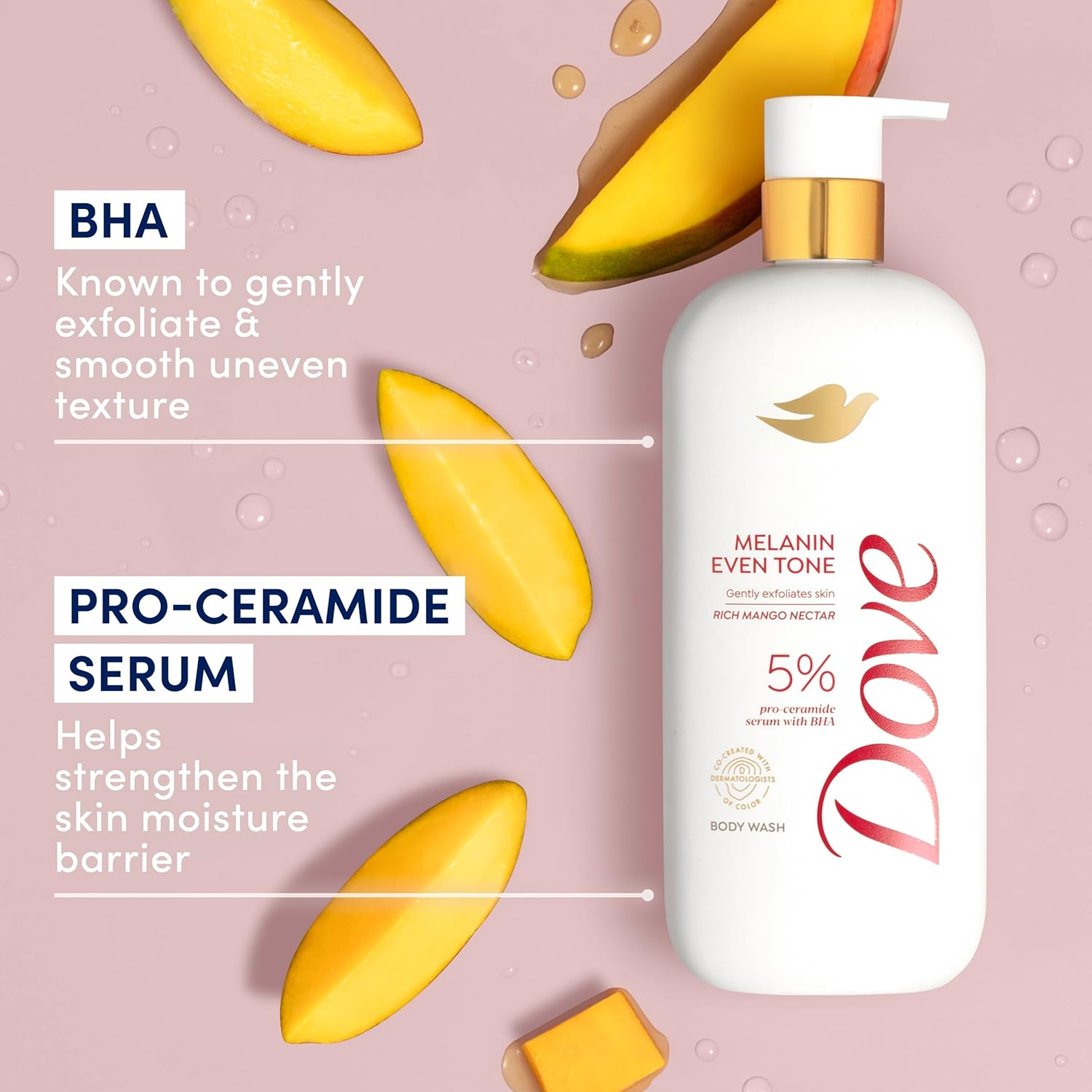 Dove Exfoliating Body Wash Melanin Even Tone Promotes Even Skin Tone 5% pro-ceramide serum with BHA 18.5 oz