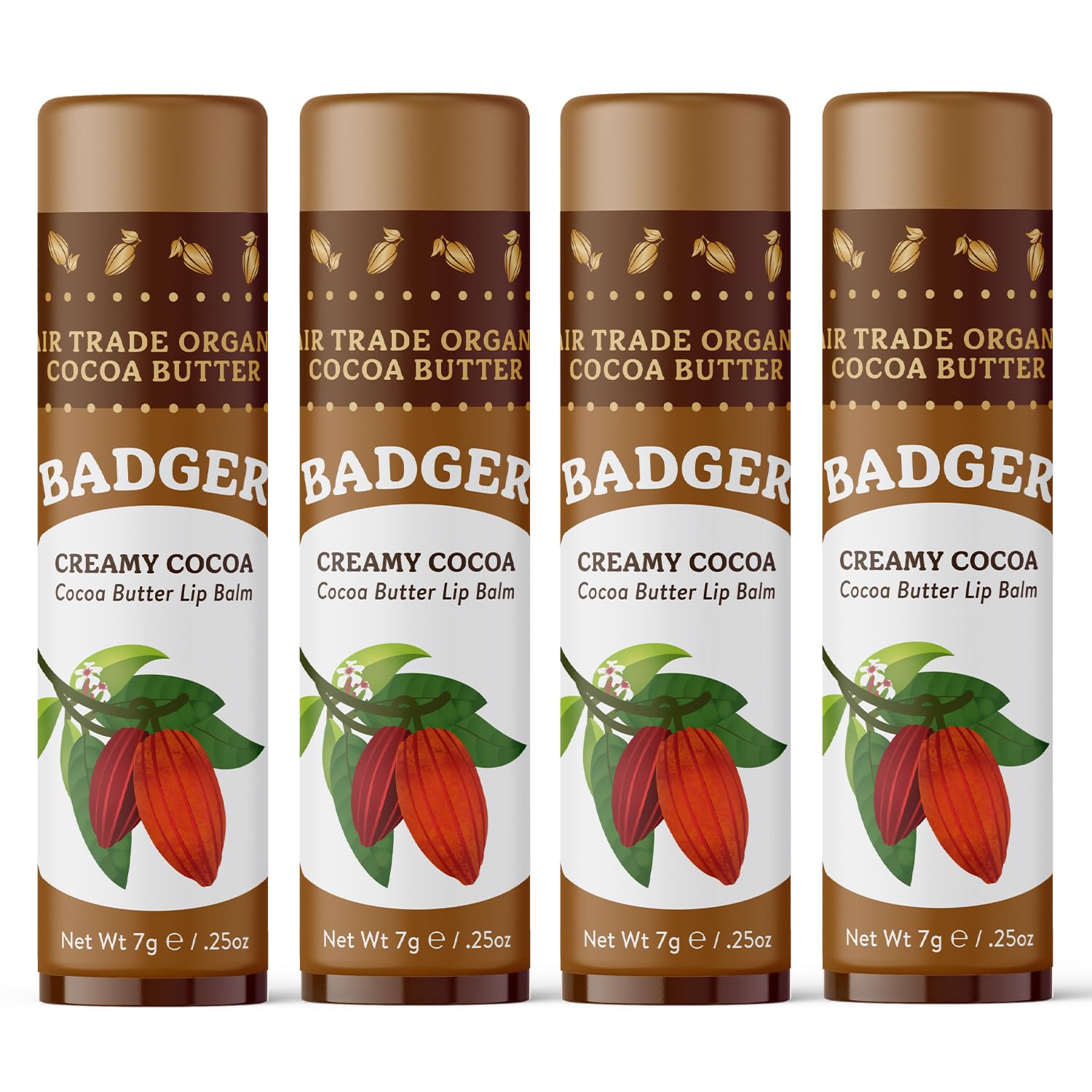 Badger Creamy Cocoa Cocoa Butter Lip Balm, Long Lasting Hydrating Lip Moisturizer, Fair Trade, Large Size Stick, 100% Organic Lip Care, 4-pack