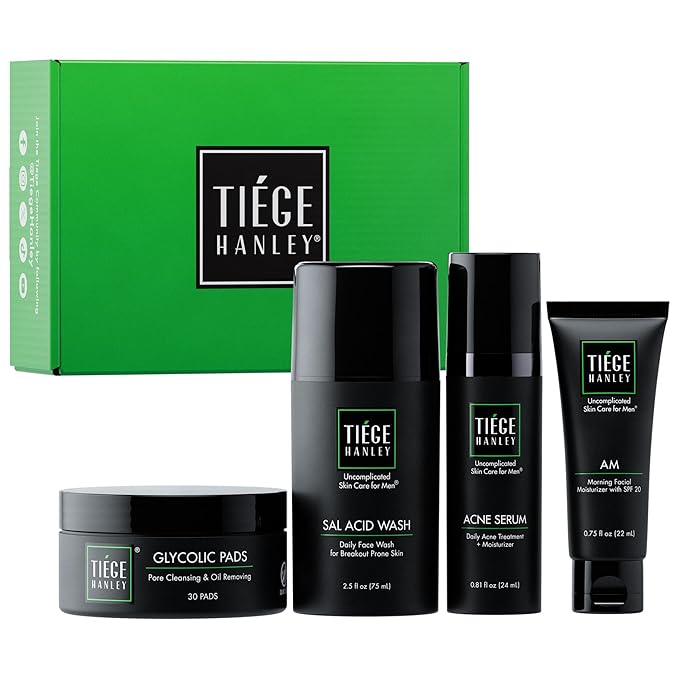 Tiege Hanley Men's Acne Treatment System (Level 2) - TiegeClear Advanced Routine for Smooth Skin - Includes Sal Acid Wash, Glycolic Acid Pads, and Serum - All Skin Types