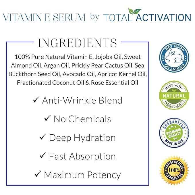 Large 4 oz Organic Vitamin E Oil 100% Pure Cold Pressed for Skin Face Hair Nail Growth, Dry Skin, Body Moisturizer Anti-Aging Skin Moisturizer compare with Vitamin E Cream Scar Minimizer Cream