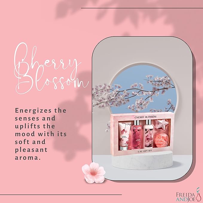 Freida & Joe Fragrance Bath & Body Collection Gift Box, Includes Shower Gel, Body Lotion, Body Scrub, Bath Bomb & Sponge (Japanese Cherry Blossom)