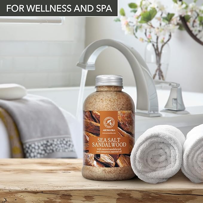 Bath Salts Sandalwood 21.16 Oz - Natural Sandalwood & Cinnamon Essential Oil - Sea Salt - Best for Bath - Good Sleep - Relaxing - Body Care - Beauty