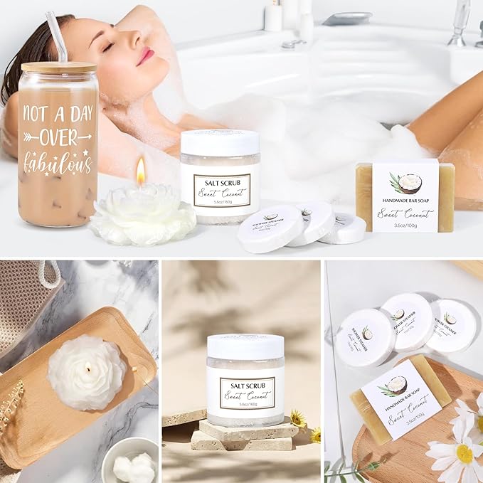 Spa Gift Baskets for Women, Sweet Coconut Birthday Gifts Baskets for Women, Spa Kit Gift Box, Bath and Body Relaxing Gifts Set for Mother Wife Sister Friends with Glass Cup Salt Scrub Shower Steamers