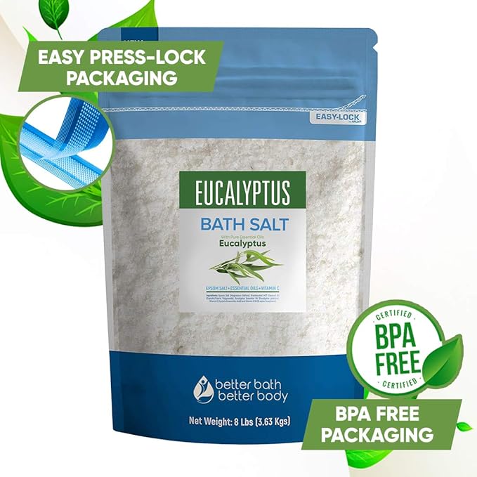 Eucalyptus Bath Salt 128 Ounces (8 Lbs) Epsom Salt with Natural Eucalyptus Essential Oil Plus Vitamin C in BPA Free Bulk Size Pouch with Easy Press Lock Seal Made in USA
