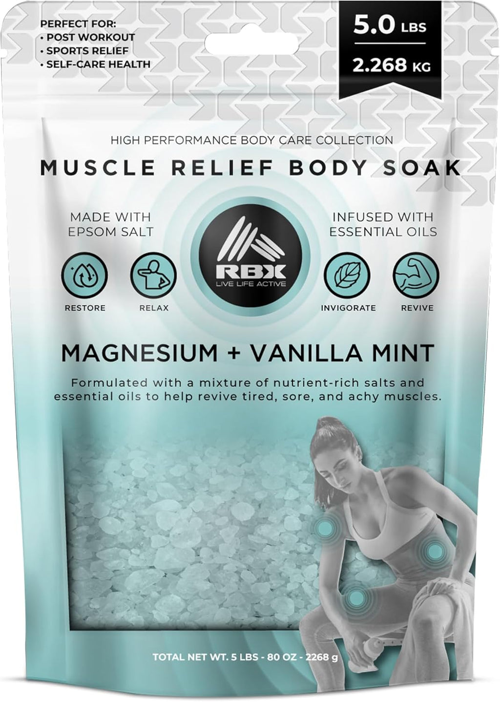 RBX Muscle Relief Epsom Salt Bath Soak – Magnesium Flakes & Bath Salts for Soothing Sore Muscles, Pain Relief, Foot Detox Soak – Vanilla Mint Scent – 5 lb Bag