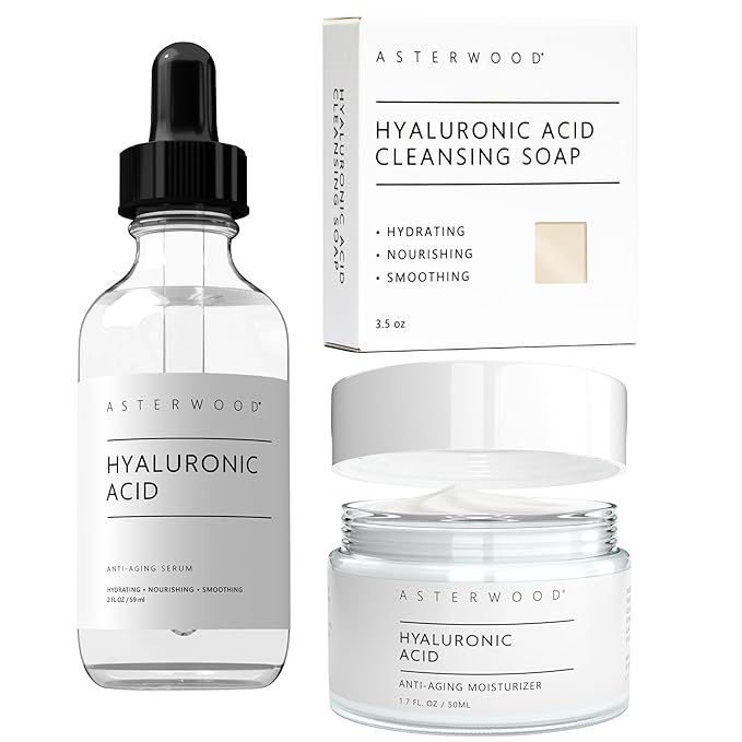 Asterwood Hyaluronic Acid Serum 2 oz, Hyaluronic Acid Moisturizer 1.7 oz, & Hyaluronic Acid Face Bar 3.5 oz
