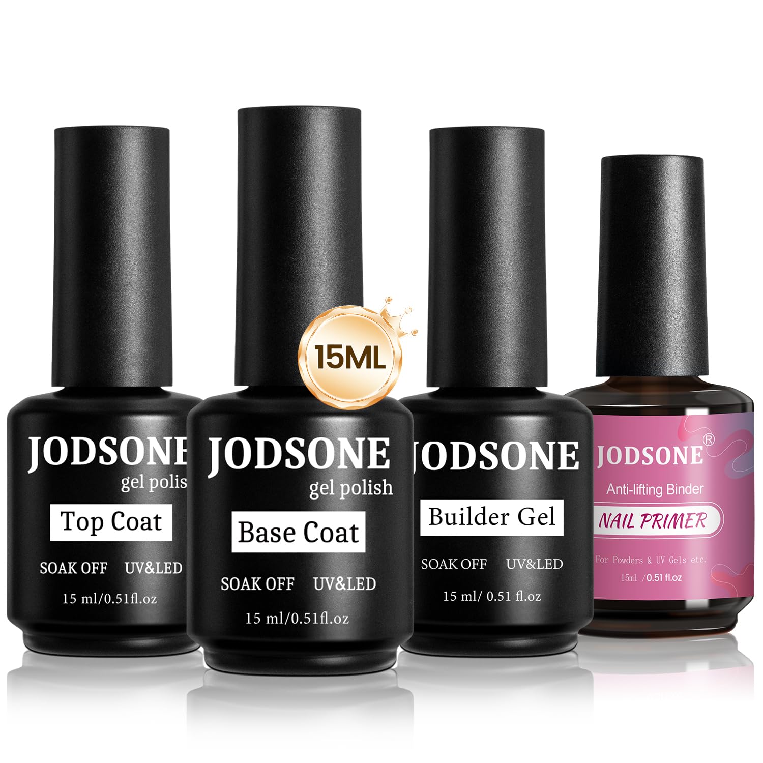 JODSONE 4 Bottles of 15ML Nail Primer Base Coat Top Coat and Builder Gel Which Helps Better Fit the Gel Polish
