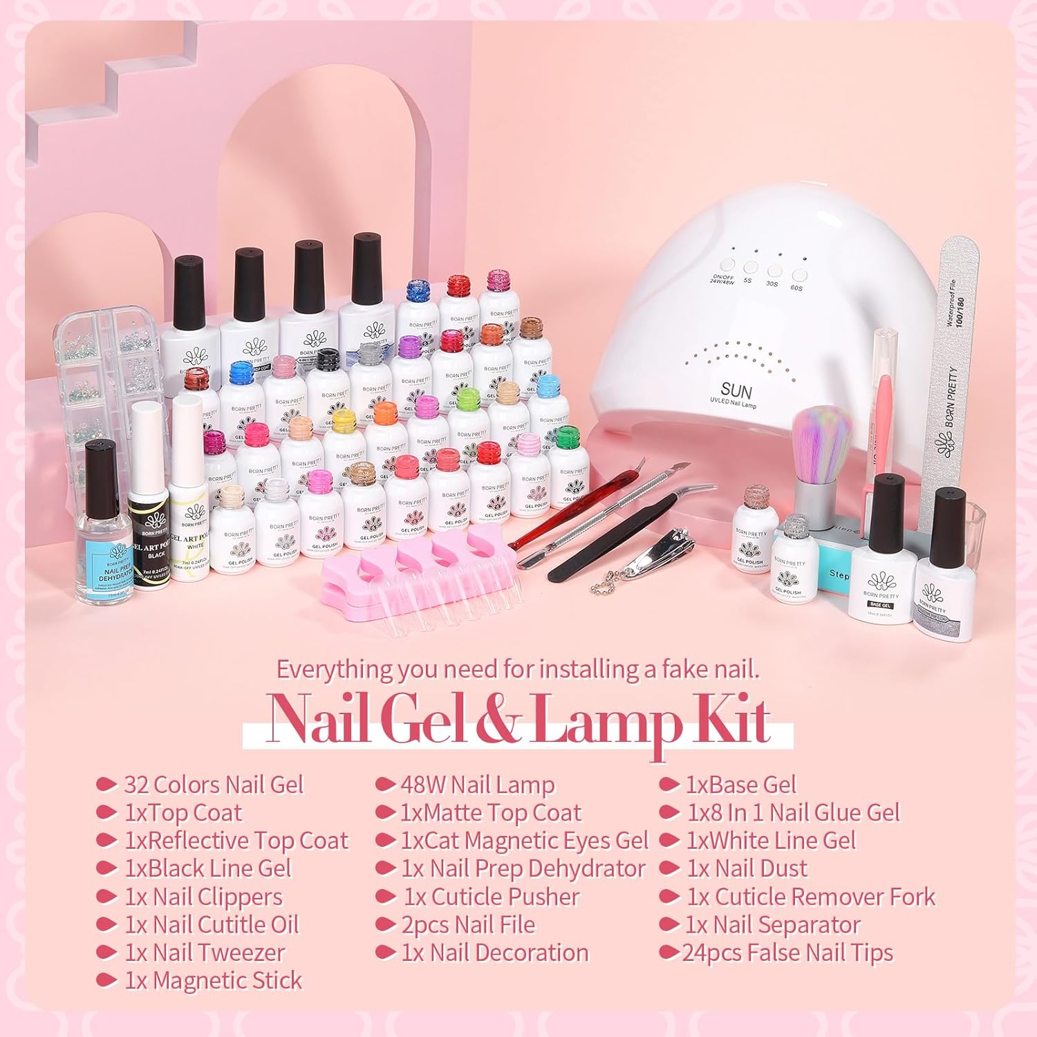 BORN PRETTY 77PCS Gel Nail Polish Starter Kit With U V/LED kit for Beginners 48W 32Colors Nude Pink Cat Magnetic Eyes Glitter Set Reflective Base Top Coat Liner Art Manicure Ideal Gifts