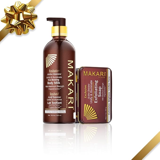 MAKARI Exclusive Skin Care 2-Piece Gift Set | Self Care Kit With Body Toning Milk Lotion with Organiclarine Ideal for All Skin Types & Exfoliating Soap | Makeup Gifts for Women with Free Makeup Bag