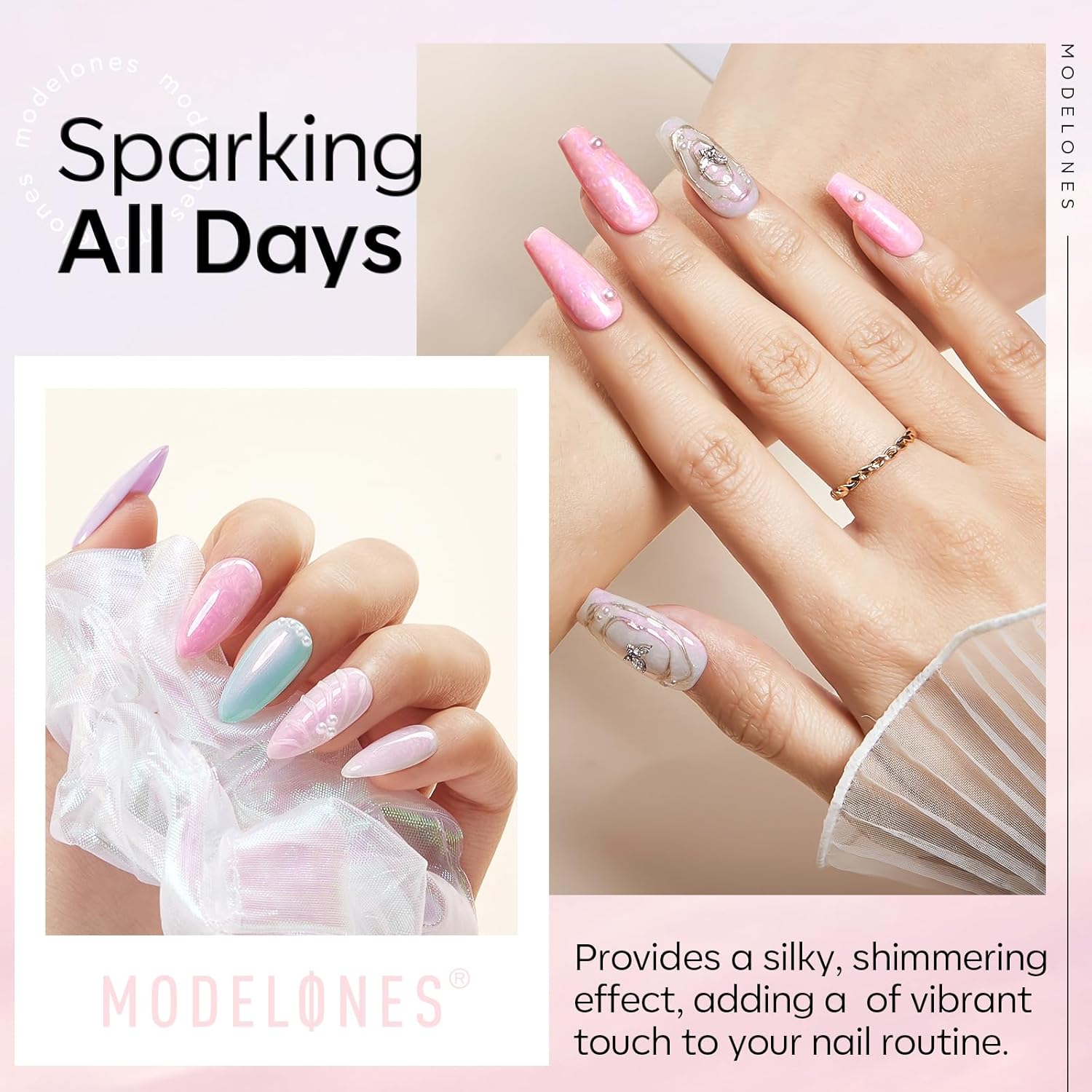 modelones Pearl Gel Nail Polish Top Coat, 2-in-one Clear Pearlescent Glitter Glossy Sparkle Finish Long Lasting Soak Off Mermaid Shimmer Manicure Nail Art Home Salon DIY 10 ML