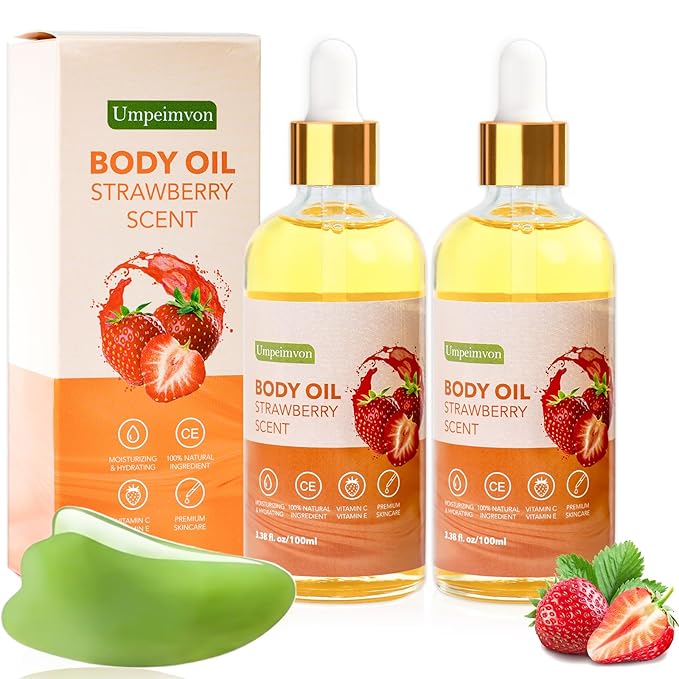 2 Pack 3.38 fl.oz Strawberry Body Oil after Shower, Vitamin C & E Gua Sha Body Oils Scented Body Oils for Women, Dry Body Oil Juice for Skin