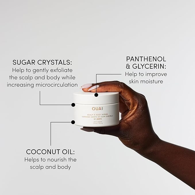 OUAI Scalp & Body Scrub, St. Barts Travel Size - Exfoliating Body Scrub with Sugar & Coconut Oil Blend for Smooth, Moisturized Skin - Gentle Scalp Scrub for Removing Product Build Up (3.4 oz)