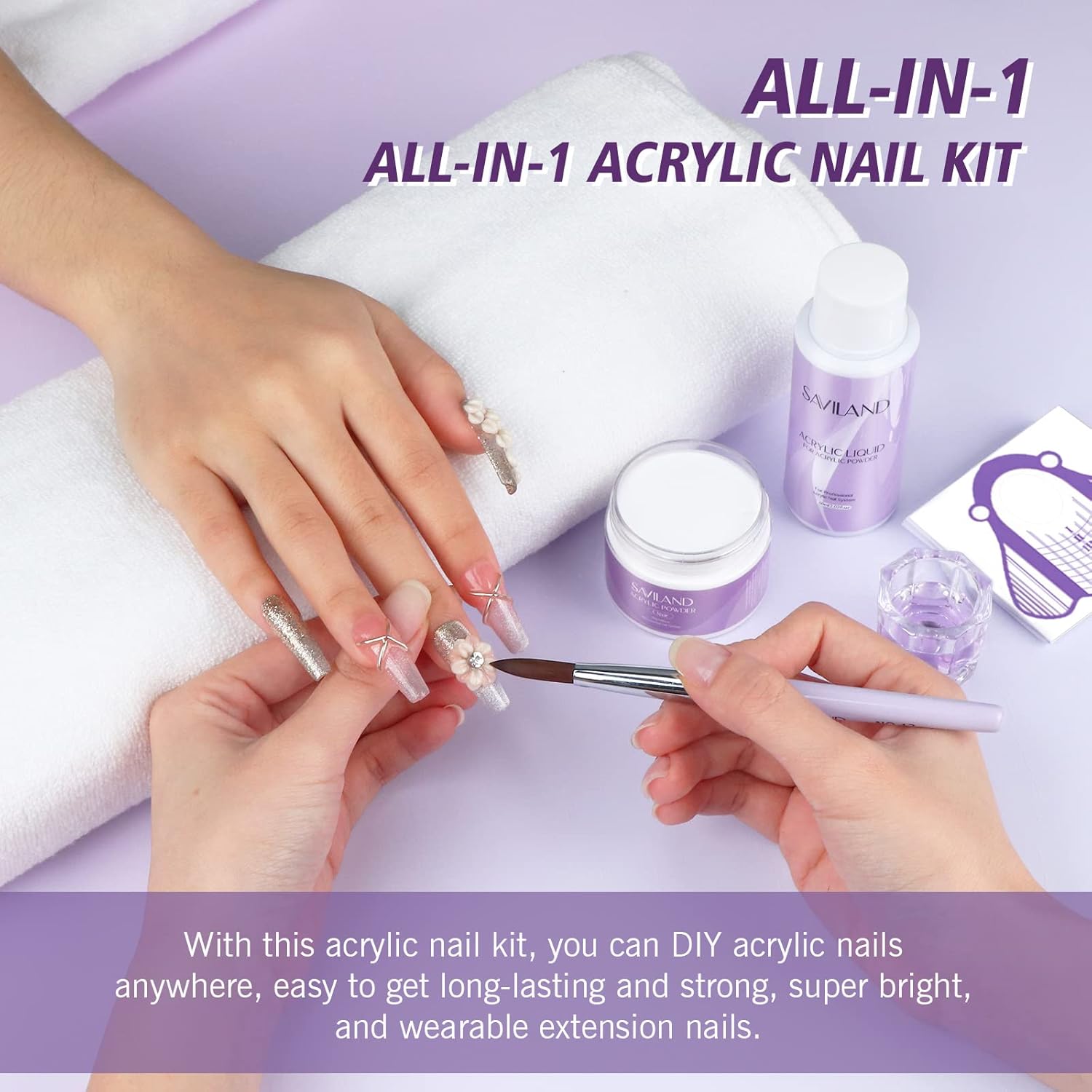 SAVILAND Acrylic Nail Kit Starter Set: Clear Acrylic Powder and Liquid Set With Brush, Forms, Tools for Extension, DIY Home Salon Application - Nail Kit for Beginners with Everything