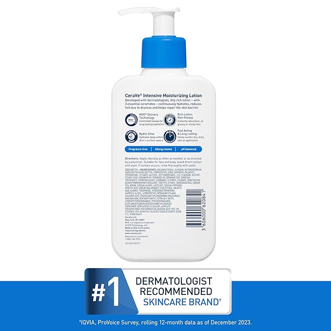 CeraVe Intensive Moisturizing Lotion, Hydro-Urea + Shea Butter, Body Lotion For Dry Skin, Relieves Signs Of Extra Dry Skin, Non Greasy Hydrating Cream For Rough, Tight, Red & Itchy Skin, 8oz