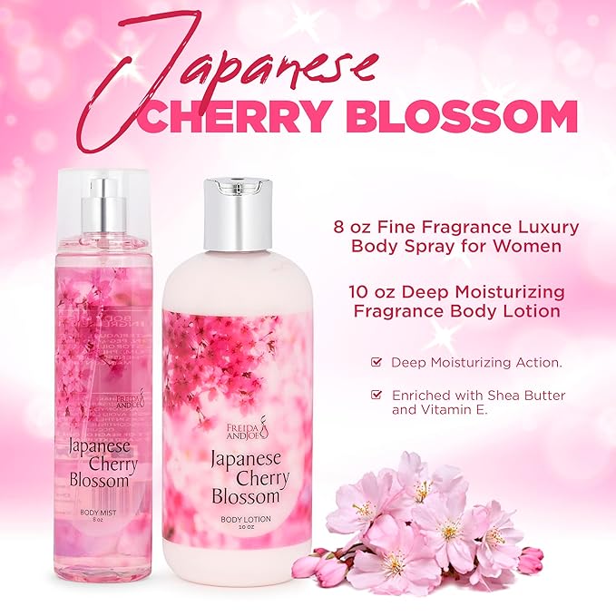 Home Spa Gift 10oz Deep Moisturizing Fragrance Body Lotion & 8 oz. Fine Fragrance Body Mist Set Self-Care Combo for Women & Girls (Japanese Cherry Blossom) Mother’s Day Gift for Mom