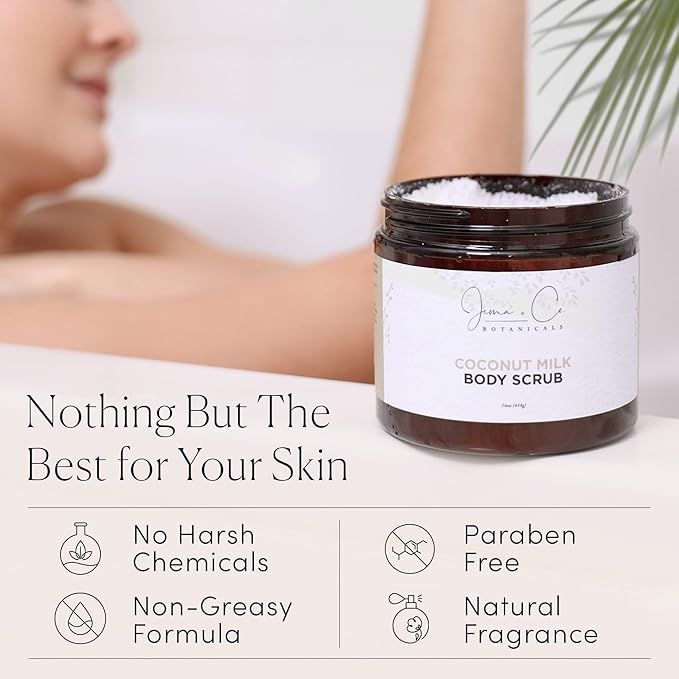 Jema & Co. - Exfoliating Body Scrub, Body Exfoliator with Shea Butter, Coconut & Sweet Almond Oil, Moisturizing Dead Sea Salt Scrub (Coconut Milk, Large, 16 Ounce)