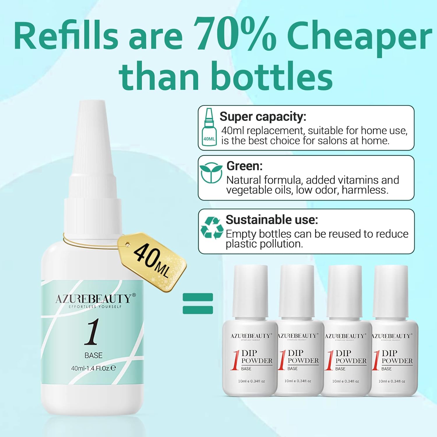 AZUREBEAUTY Dip Powder Base Coat 40ml Large Capacity Dip Base Coat for Refill Dipping Powder Liquid Set French Nail Art Manicure Beginner DIY Salon Home