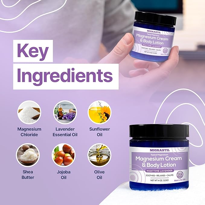 Nighttime Lavender Magnesium Cream & Non-Greasy Body Lotion. Extra Strength 250mg Magnesium Chloride for Muscle Relief, Leg Cramps, Relaxation and Sweet Sleep. Vegan, Made in The USA.