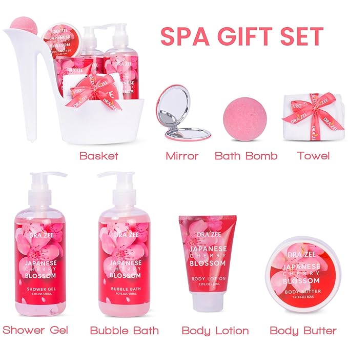 Draizee Mothers Day Gifts for Mom - 8 Pcs Luxury Cherry Blossom Scented Heel Shoe Design Bath and Body Spa Set-Self Care Package for Women - Spa Gift Baskets for Women, Presents for Mom, Body Care Set