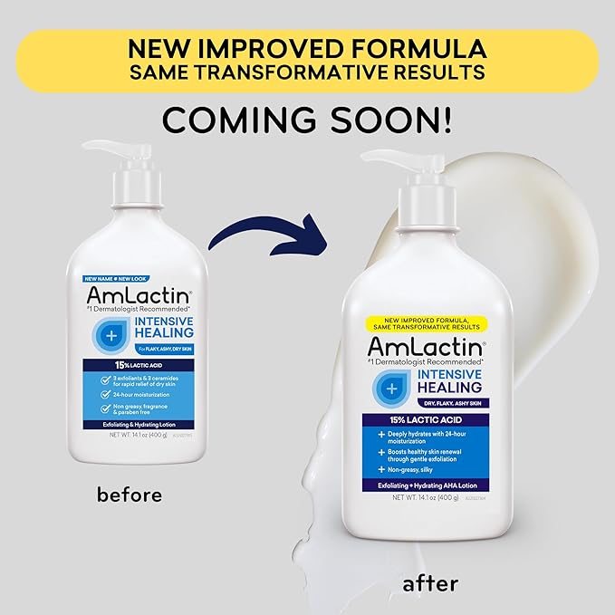 AmLactin Intensive Healing Body Lotion for Dry Skin, 14.1 oz Pump Bottle, 2-in-1 Exfoliator & Moisturizer with Ceramides & 15% Lactic Acid for Relief from Dry Skin (Packaging May Vary)