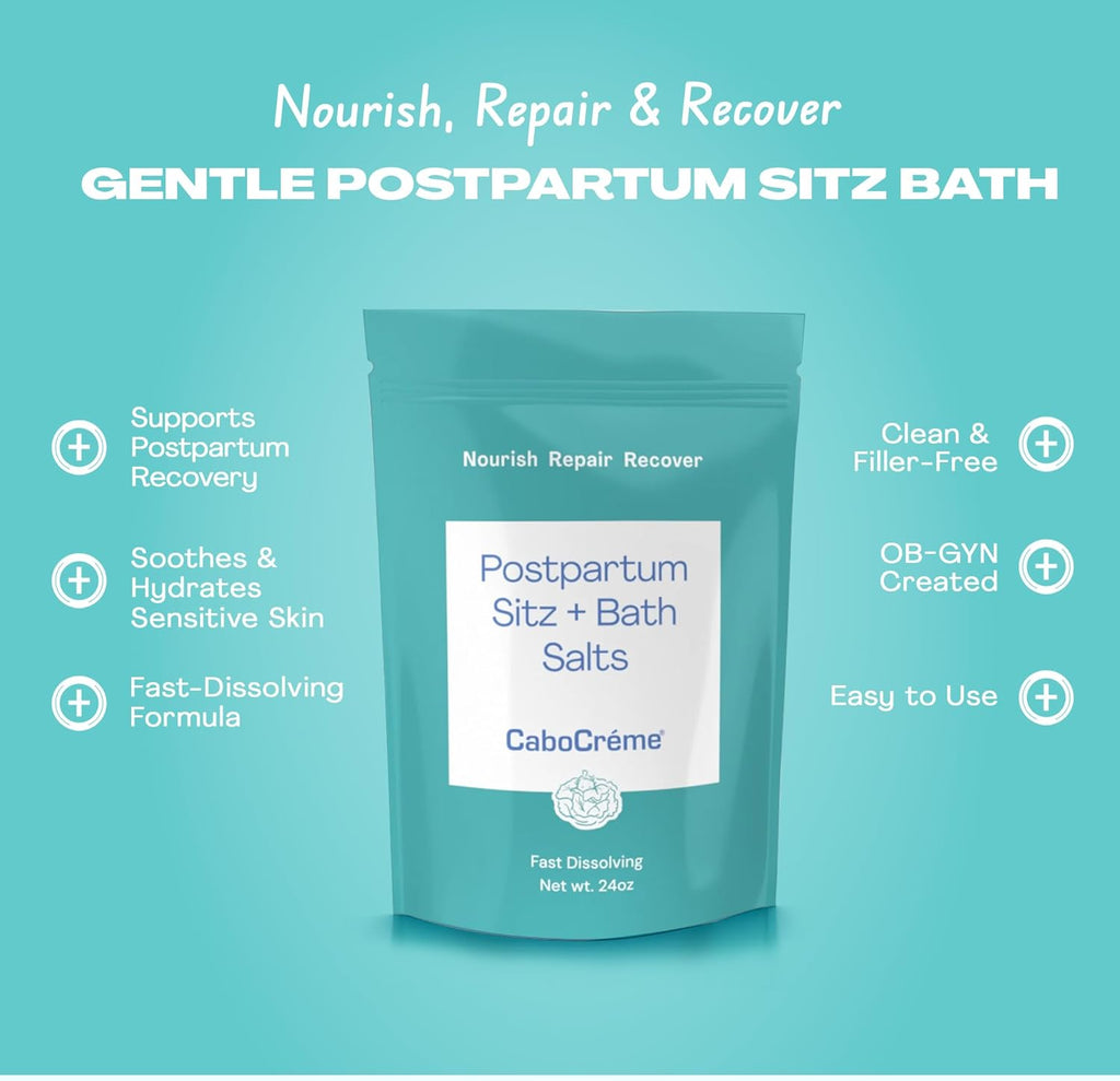 CaboCréme Postpartum Sitz + Bath Salts – 24oz – Postpartum Bath Soak for Perineal Care, Healing Tears, Swelling & Hemorrhoids – Dead Sea Salt with Magnesium, Arnica, Calendula + Cabbage Extract