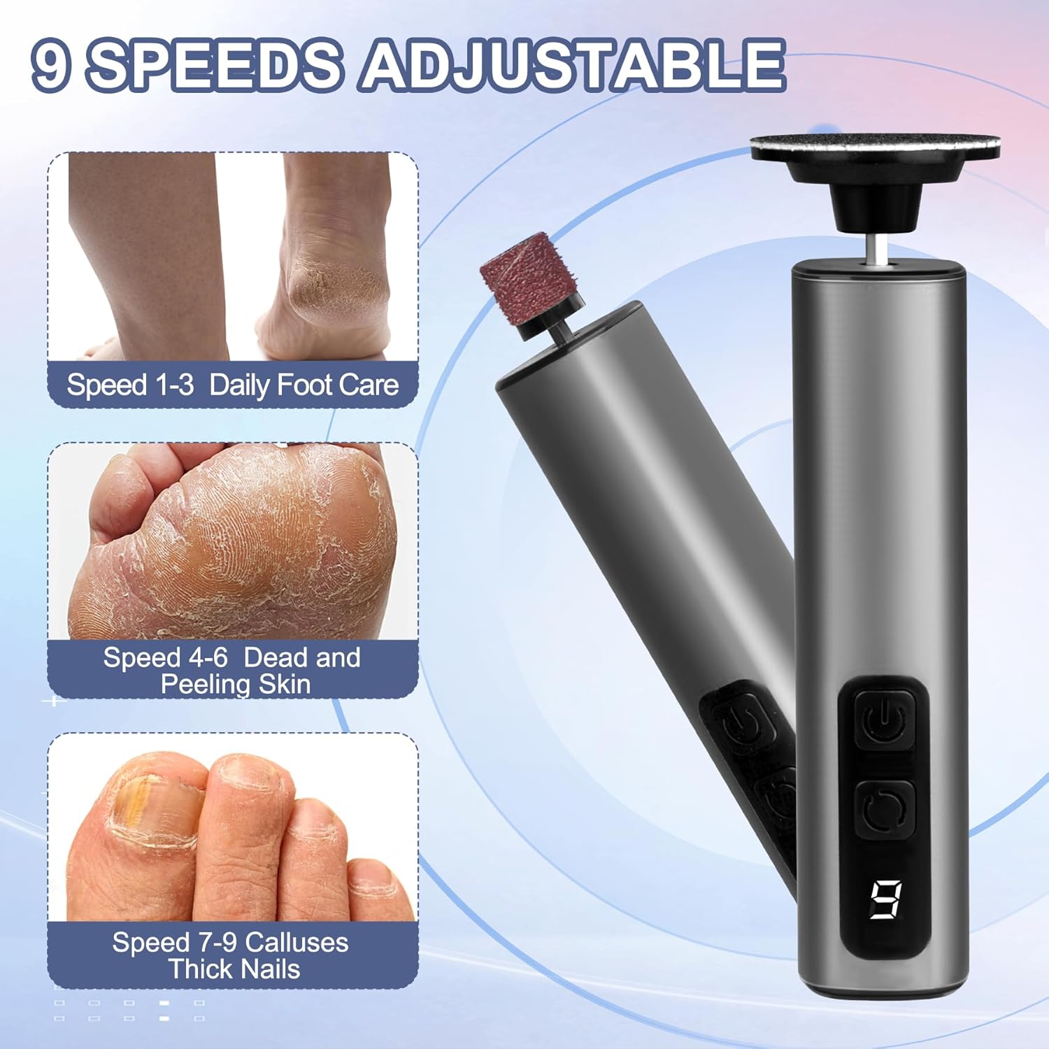 Electric Foot Callus Remover，2 in 1 Callus Romover for Feet, 9 Speed Adjustable Professional Electric Foot Sanders with Rechargeable Battery, Foot File Pedicure Foot Scrubber for Women Men