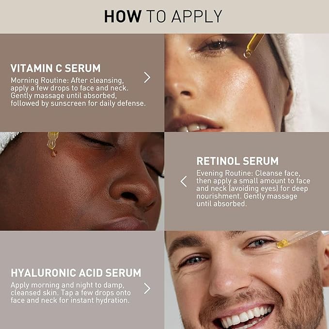 3 Pack Face Serum Set - Includes Vitamin C, Retinol & Hyaluronic Acid - Firming, Brightening & Hydrating - Reset Your Skin Day and Night