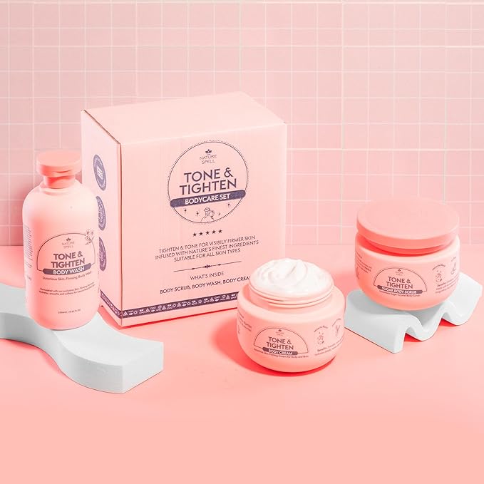 Nature Spell Tone & Tighten Skin Firming Gift Set – Body Wash, Sugar Body Scrub, & Body Cream - Skin-Firming Trio Infused with Hyaluronic Acid, Ginseng Extract & Plant Collagen