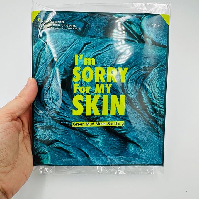 I'M SORRY FOR MY SKIN Bentonite Clay Mud Sheet Masks Set, Korean Skin Care, Exfoliating Face Masks with Volcanic Ash, Sebum Control, Pore Minimizer, Tightening, Soothing (Black 5pcs & Green 5pcs)