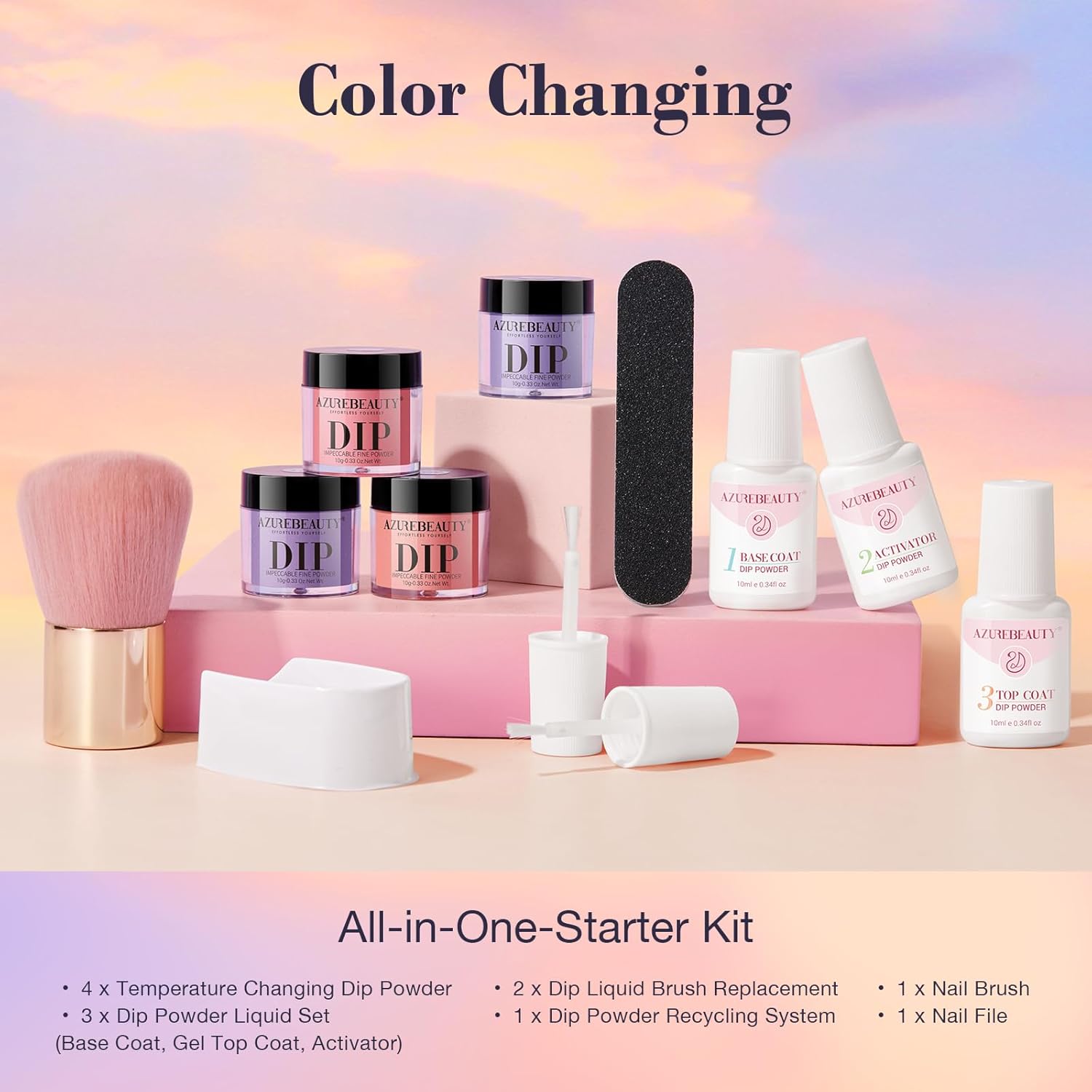 AZUREBEAUTY Dip Powder Nail Kit, Color Changing Glitter Pink Blue Purple Orange Mood Temperature Dipping Powder Liquid Set with Base Top Coat Activator for Home Manicure Gift