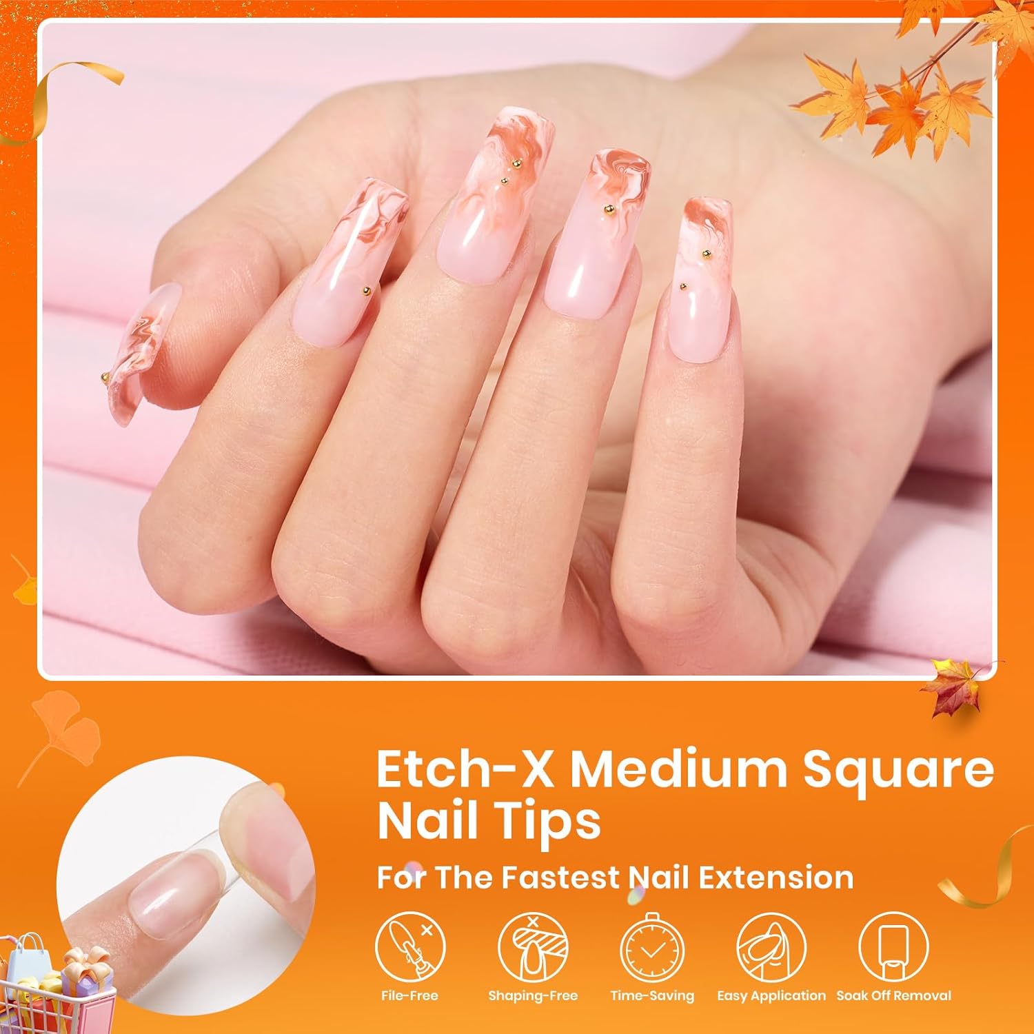 Beetles Nail Tips Medium Square 576Pcs 12 Sizes - Pre-Etched Soft Acrylic Nail Tips Half Matte False Nails Nail Art Full Cover Press Ons Nail Extensions Gift Set Home DIY Nail Salon