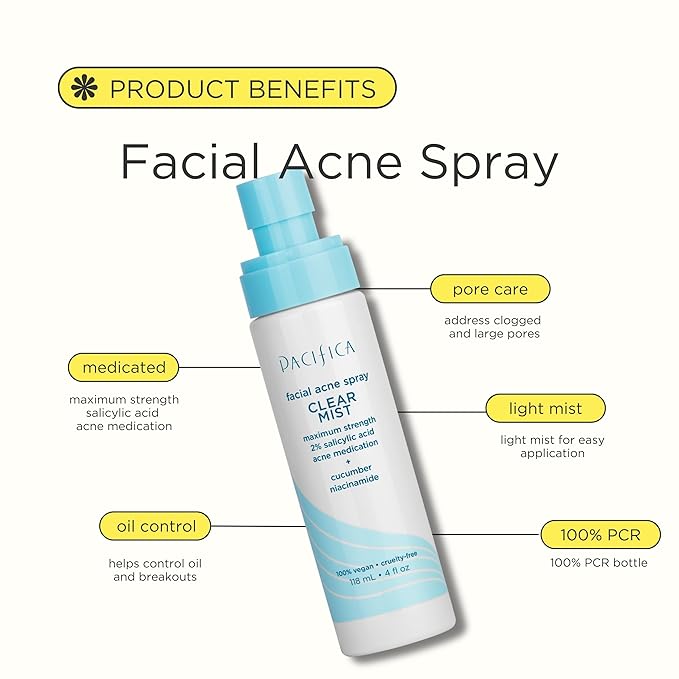 Pacifica Facial Spray for Acne Treatment - Clear Face Mist Acne Spray w/ 2% Salicylic Acid Niacinamide & Aloe - Acne Cleanser - Targets Bacteria for Teens & Adults Vegan Clean Dermatologist Tested