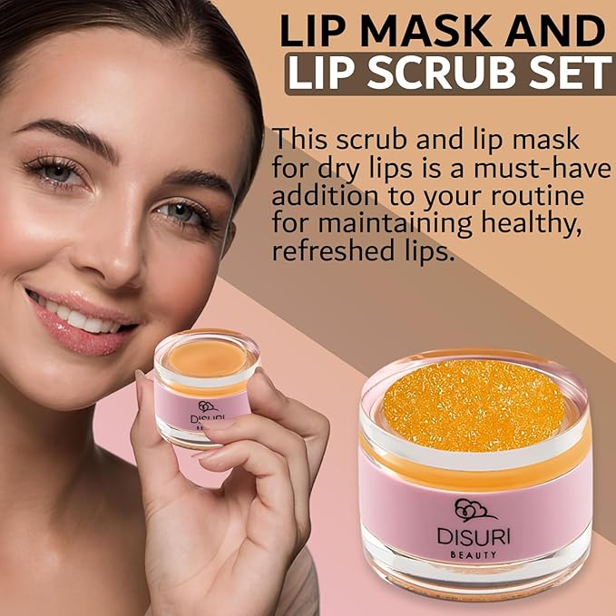 Lip Mask and Lip Scrub Set - Moisturizing Lip Scrub for Exfoliating and Smoothing Lips, Cruelty-free - Improves Texture, Hydrates, and Softens Chapped, Dark Lips Skin - (Orange)