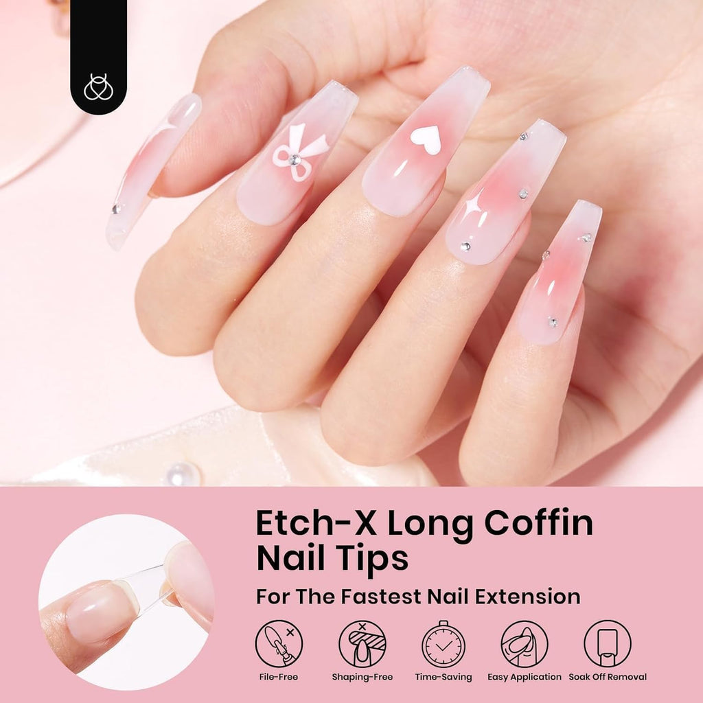 Beetles Coffin Long Gel Nail Tips –Pre-Etched Half Matte Full Cover, 288 Pieces, Pre-Shaped in 12 Sizes for Press-On Extensions