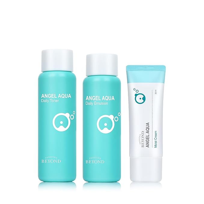 BEYOND Angel Aqua Moisture Skincare Set (11.2fl oz , 3-Piece Set) - Vegan Formula Korean Skin Care for Dry & Rough Skin. Toner & Emulsion. Hyaluronic Acid, Cica, Pantenol