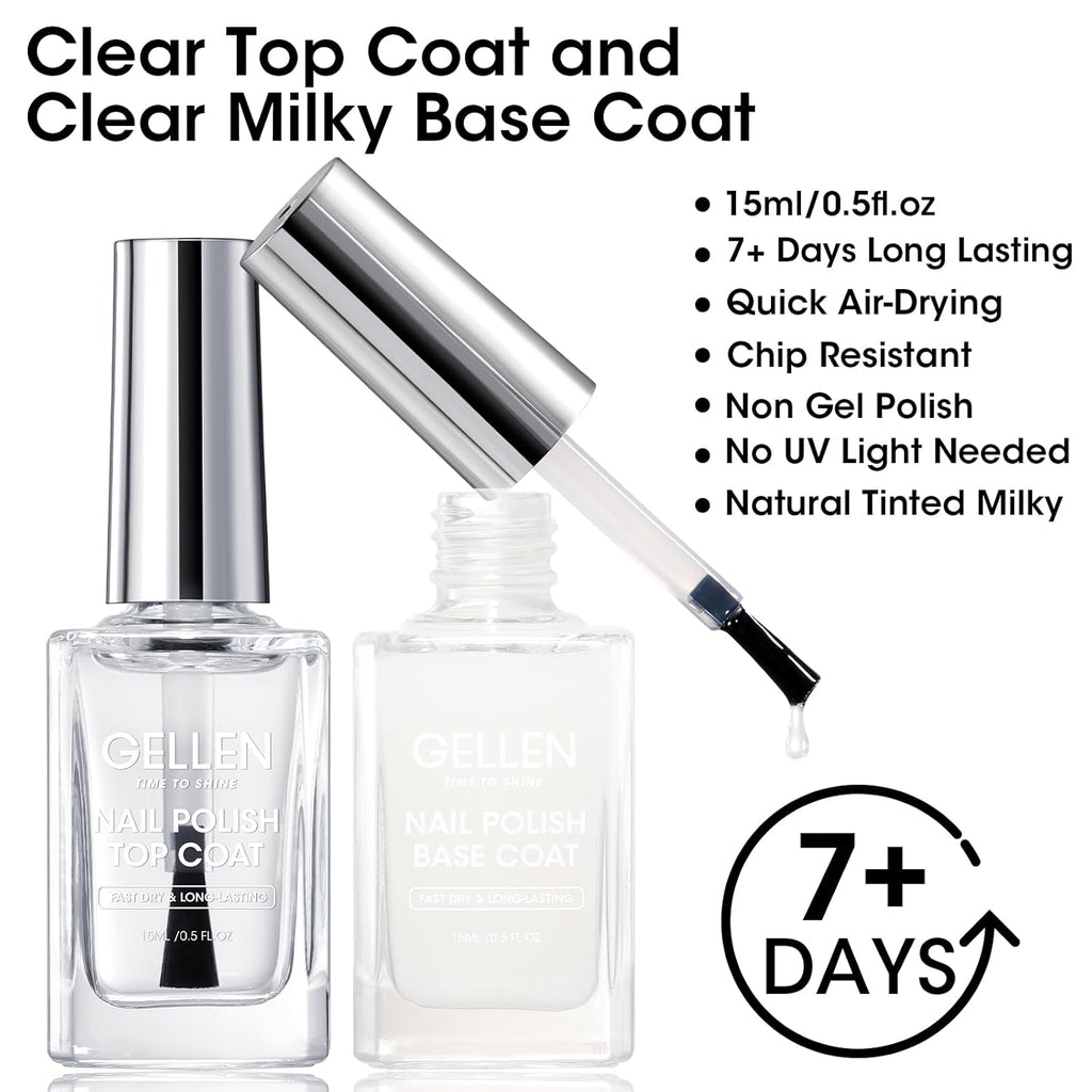 GELLEN Clear Nail Polish Base and Top Coat, Shine No Wipe Top Coat and Tinted Milky White Sheer Base Coat Strengthens Nails - Calcium, Quick Dry Regular Nail Polish, Not UV Gel, Hema Free, Non-toxic