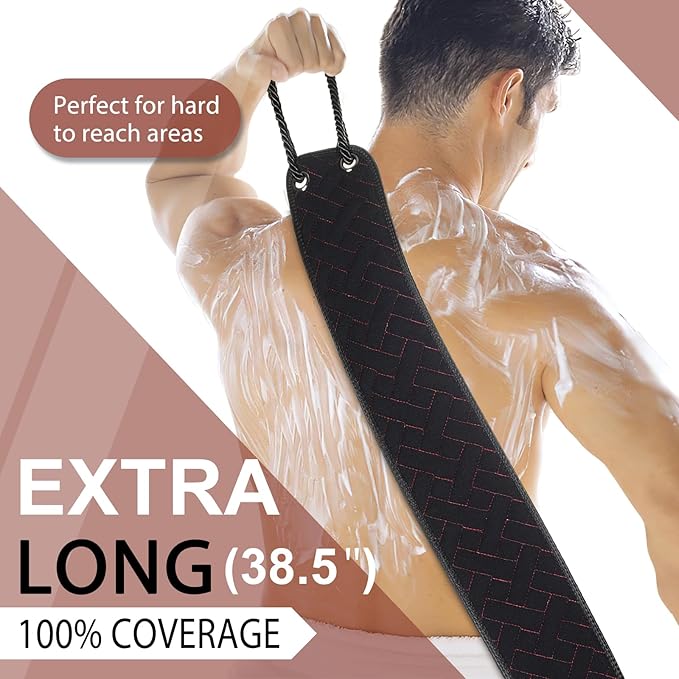 Exfoliating Back Scrubber with Upgraded Handles, 38.5 Inch Double-Sided Body Scrub Bath Exfoliator, Exfoliating Washcloth for Use in Shower, Back Washer to Deep Clean Your Skin for Men & Women (Black)