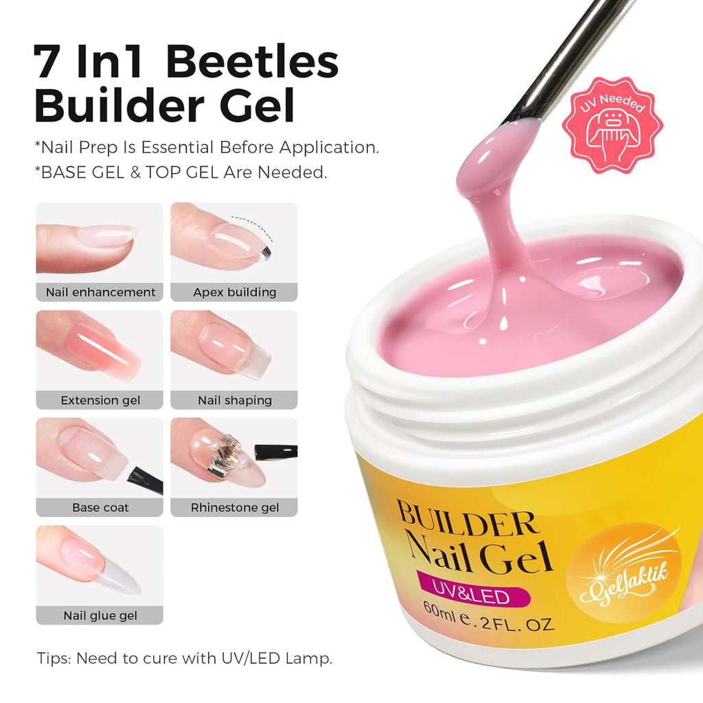 Builder Gel for Nails, 60g Light Pink Hard Gel for Nail Extension with 10 Nail Forms, Strengthener & Thickening, UV LED Lamp Cured Sculpture, Repair Broken Nails, Salon DIY Manicure Kit