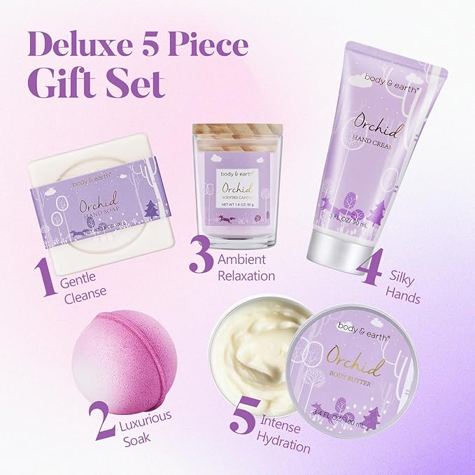 Spa Gifts for Women, Body & Earth 5 Pcs Gifts for Women Orchid Gift Sets, Bath and Body Womens Bath Gifts, Mothers Day Gift for Mom