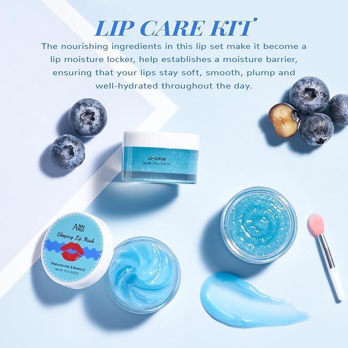 ANAI RUI Lip Therapy Set, Lip Scrub & Lip Mask, Overnight Moisturizing Lip Care Kit, Suagr Lip Exfoliator and Lip Sleeping Mask for A Soft Lips, Lip Gift Set for Dry, Chapped, Dark Lips, Blueberry