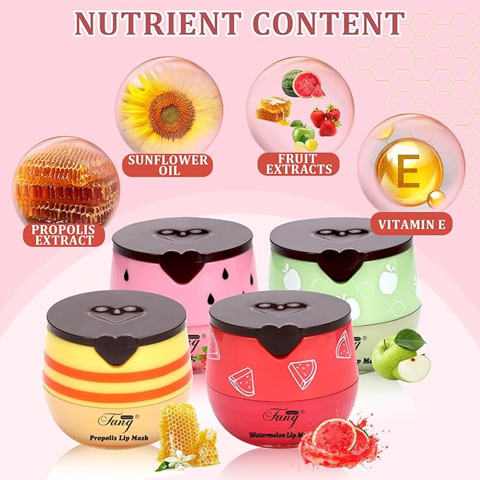 4 Pcs Honey Lip Balm, Bee Lip Balm Honey Pot,Moisturizing Lip Mask Overnight,Hydrate Repair Prevent Dry Cracked Lip Care(Honey+Strawberry+Watermelon+Apple)