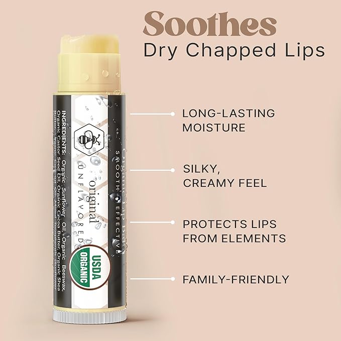 USDA Organic Lip Balm - USA Made with Natural Ingredients, 4 Pack Unflavored Chapstick for Dry Lips, Birthday Gifts for Her & Him, Lip Balm Hydrating Beauty Gifts, Lip Moisturizer, Mens Gift Ideas