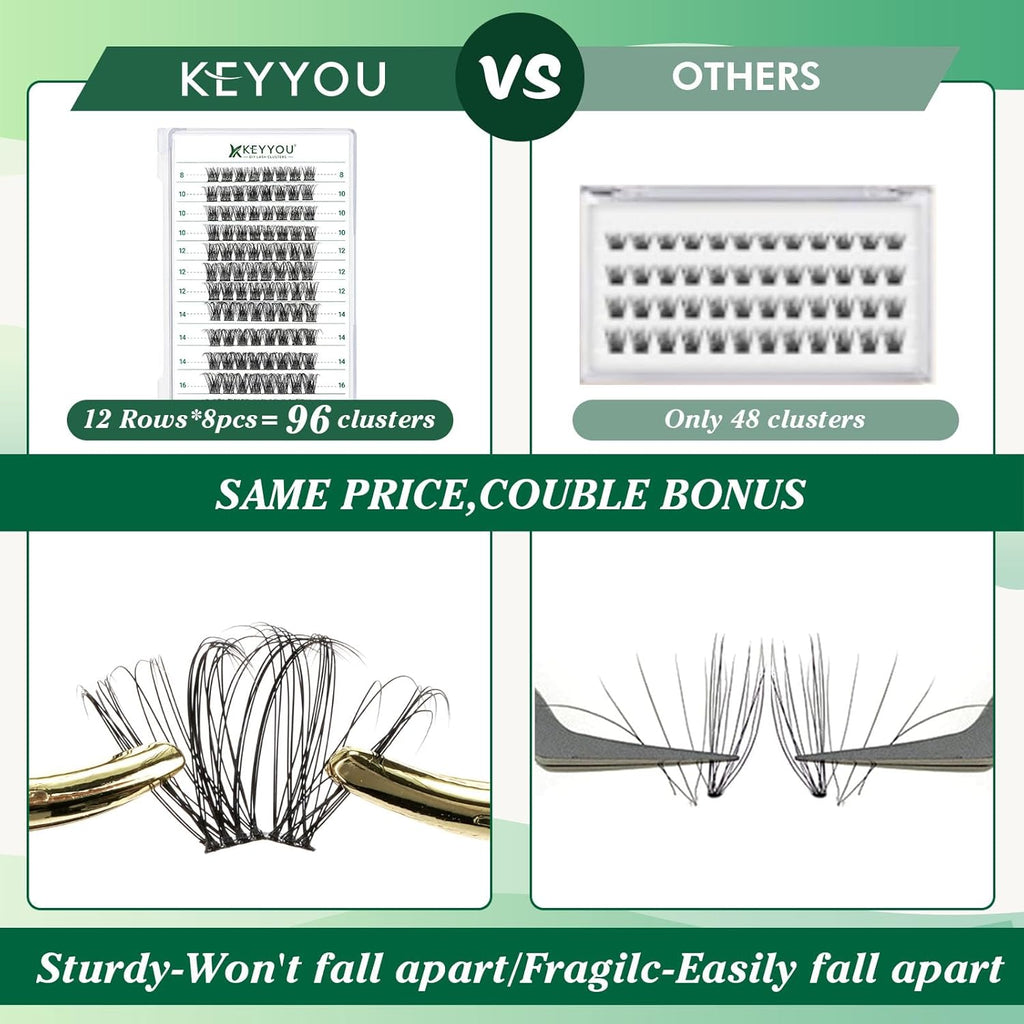 Lash Clusters 96pcs Individual Lashes Y11 D Curl 14mm Cluster Lashes KEYYOU Volume Wispy Lash Extension Soft&Comfortable Easy DIY at Home(Y11 D-14mm)