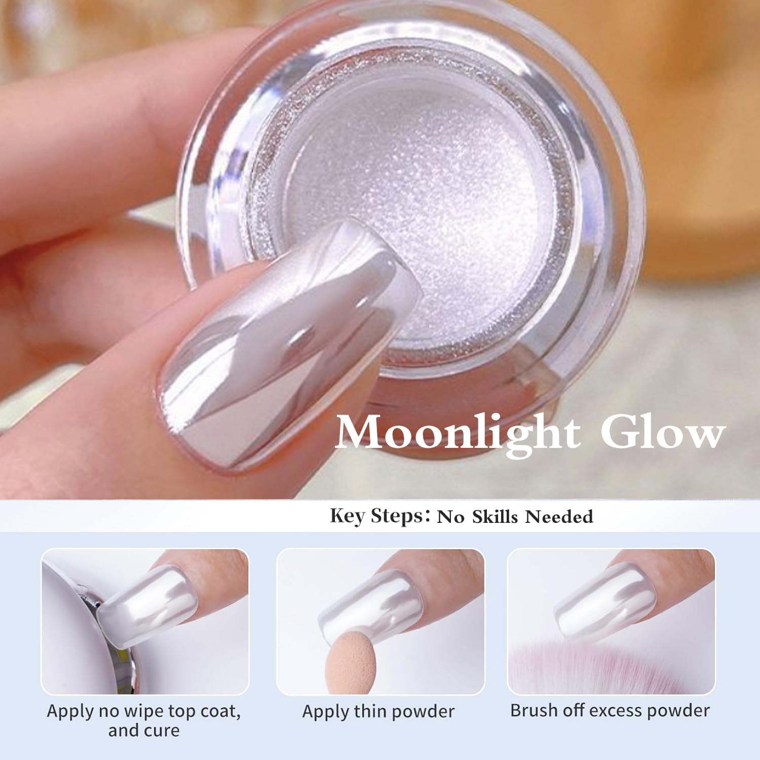 Pretty Diva White Chrome Nails Powder - 0.3g Super Glossy Mirror Effect White Moonlight Chrome Powder for Nails Manicure Pigment, Beginner-Friendly for Gel Nails