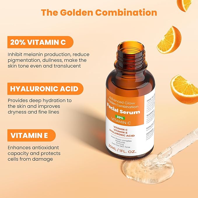 20% Vitamin C Face Serum with Golden Combination of Hyaluronic Acid and Vitamin E | Reduce Acne Spots | Even Skin Tone | Hydrating Face Serum Moisturising & Firming Skin Care | 1 Fl. Oz