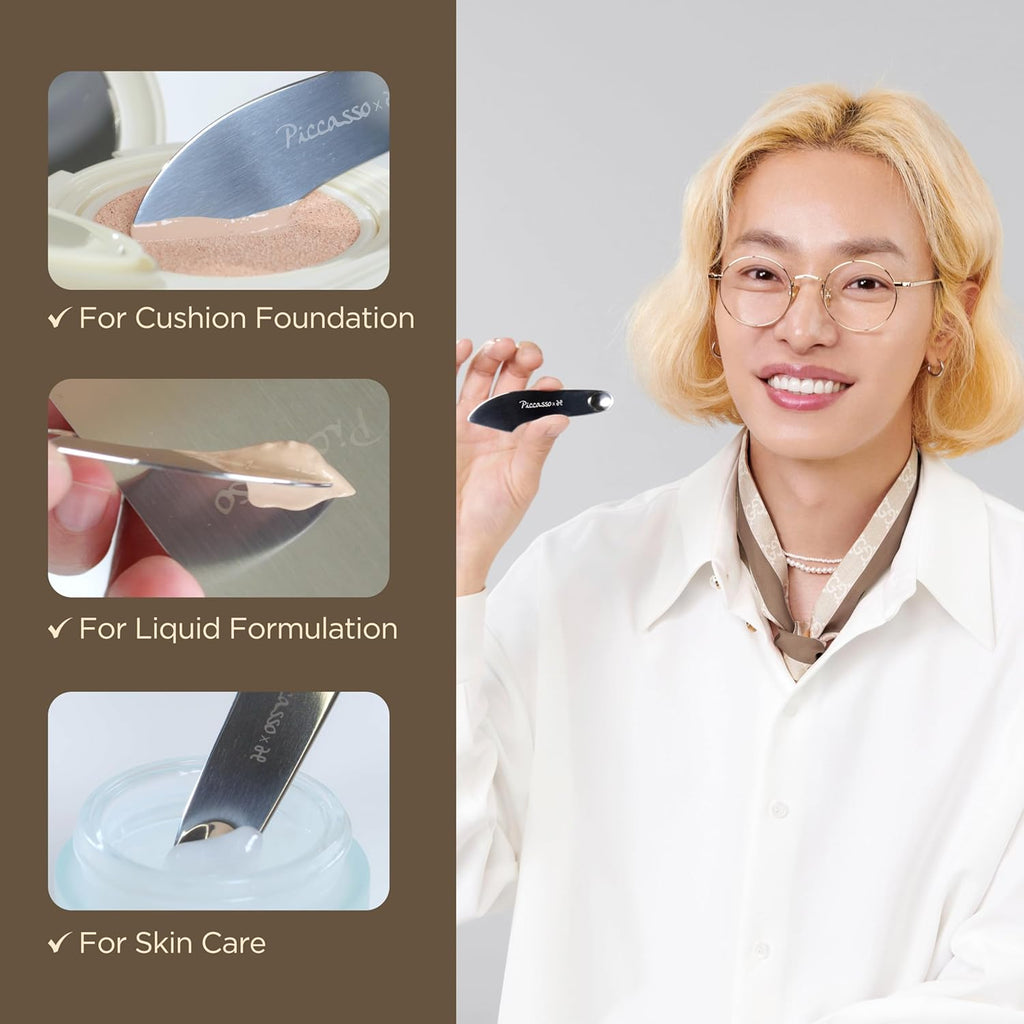 Piccasso 2-Way Makeup Spatula – Professional Foundation & Skin Care Spatula for Face, Dual-Ended Stainless Steel Tool for Precise and Hygienic Application, Includes Leather Case